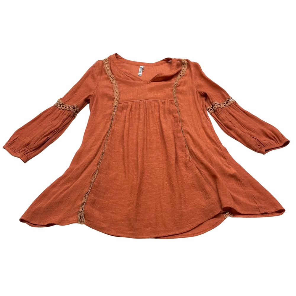 Womens Boho Monoreno Tunic Top M Rust Orange Crochet Lace Trim